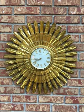 Vintage Mid Century Modern Syroco Large Gold Sunburst Wall Clock