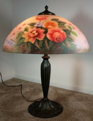 Antique Table Lamp W/ Reverse - Painted Shade & Ice Chip Surface -
