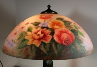 Antique Table Lamp w/ Reverse - Painted Shade & Ice Chip Surface - 2