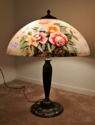 Antique Table Lamp w/ Reverse - Painted Shade & Ice Chip Surface - 3
