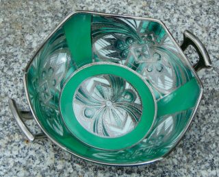 Fantastic Antique Noritake Handled Bowl Art Deco Geometric Green & Silver