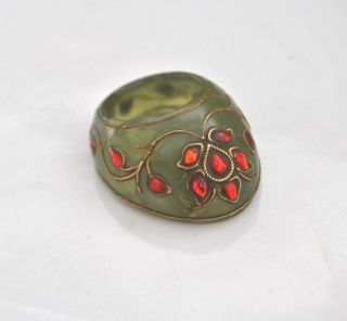 Vintage Indo Persian Mughal Islamic Jewelled Green Jade Archer Ring No Arrow Bow