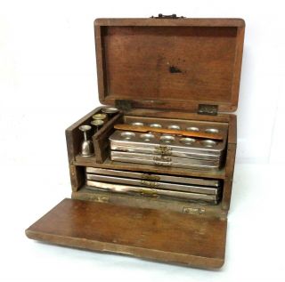 Antique Xix Germany Seals Pill Maker Mould Pharmacy Set Apothecary Wooden Box