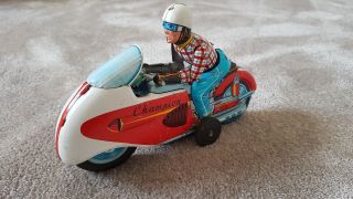 Rare Vintage Japanese T.  N Nomura Tin Toy Friction Motorcycle Champion Race 1950s