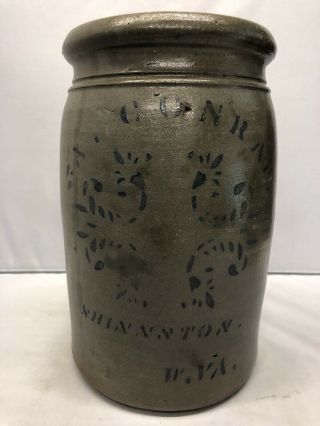 Antique A.  Conrad Shinnston West Va.  Cobalt Decorated Stoneware Crock /jar