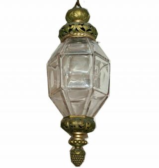 Antique Bronze & Beveled Glass Hanging Pendant Light - E F Caldwell - Signed