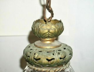 Antique Bronze & Beveled Glass Hanging Pendant Light - E F CALDWELL - Signed 4