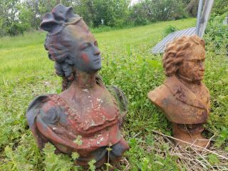 LARGE WOMAN LADY BUST 2 FACES Vintage Unearthed Cast Iron Garden Ornament Statue 7