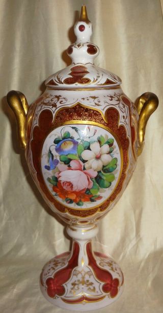 Rare 1840 - 60 Bohemian Lidded 13 1/2 " Pokal - Cut To Cranberry Urn W/floral Plaques