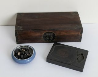A Box Of Chinese Antique/vintage Brush Washer,  Ink Stone& Crushed Ink Stick