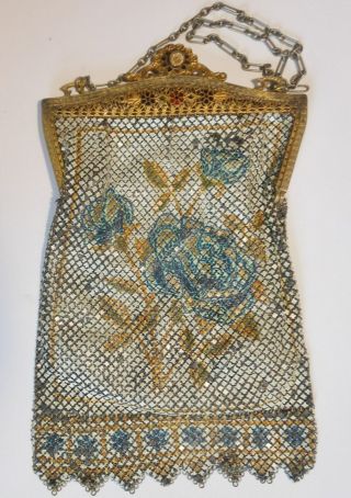 Great Art Deco Mesh Purse With Roses And Enamel Detail Signed Mandalian