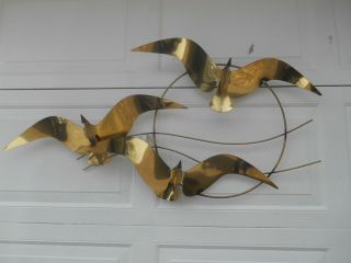 MCM Signed Curtis Jere 3 Flying Seagulls Brass Hanging Wall Sculpture 1985 2