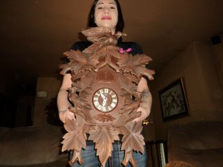 Large Vintage German Black Forest Carved Quail & Cuckoo Clock