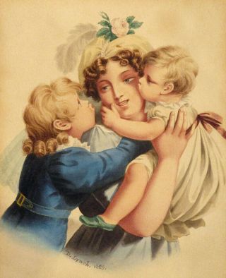 1829 Antique D.  Lynch Watercolor Painting Mother & Children Georgian Victorian