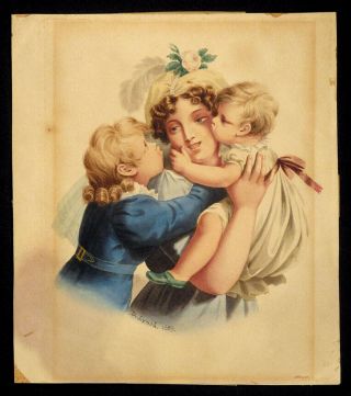 1829 Antique D.  LYNCH Watercolor Painting MOTHER & CHILDREN Georgian Victorian 2