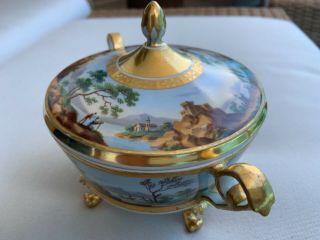 Antique Porcelain Old Paris French Empire Sucrier Landscape Sevres Top Gilt