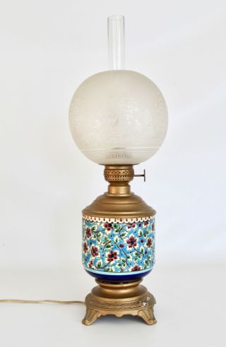 Longwy Antique Vtg Mid Century French Enamel Brass Oil Boudoir Lamp Light Asian 3