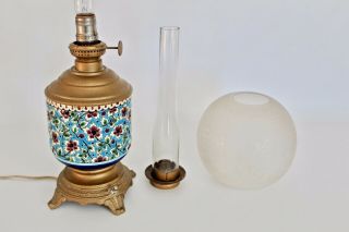 Longwy Antique Vtg Mid Century French Enamel Brass Oil Boudoir Lamp Light Asian 4