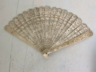 Antique Chinese Export Hand Carved Qing 1870 Brise Fan - Garden,  Dragons,  Fruit &