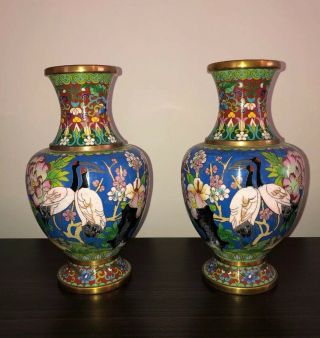 Chinese Cloisonné Vases Mirrored Pattern 23cm Tall With Cranes.