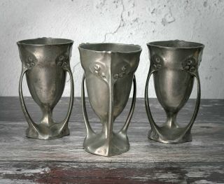 Kayserzinn Jugendstil Pewter Vases With Roses,  Designed By Hugo Leven,  1902 - 1904
