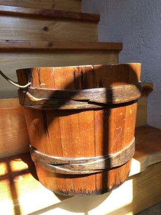 Antique Primitive Dry Measure Firkin Sap Staved Wood Bucket Copper Handle Shaker