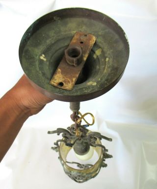 FABULOUS ANTIQUE GOTHIC SPANISH VILLA PENDANT LAMP W/ AMBER GLASS SHADE 11