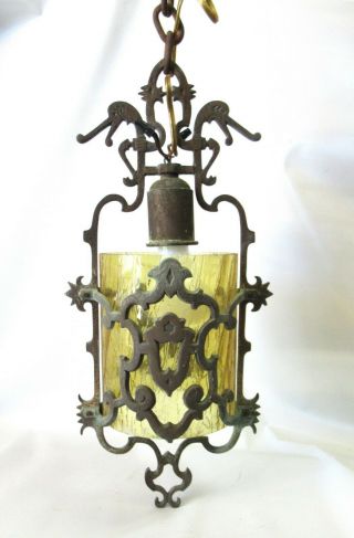 Fabulous Antique Gothic Spanish Villa Pendant Lamp W/ Amber Glass Shade