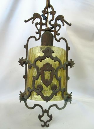 FABULOUS ANTIQUE GOTHIC SPANISH VILLA PENDANT LAMP W/ AMBER GLASS SHADE 2