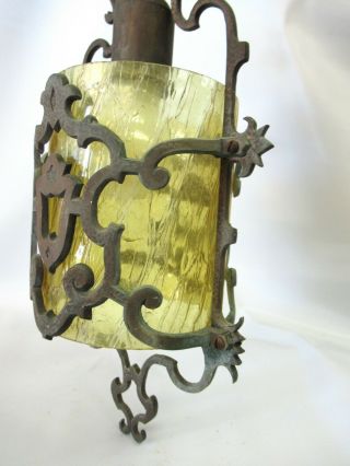FABULOUS ANTIQUE GOTHIC SPANISH VILLA PENDANT LAMP W/ AMBER GLASS SHADE 3