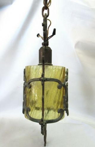 FABULOUS ANTIQUE GOTHIC SPANISH VILLA PENDANT LAMP W/ AMBER GLASS SHADE 4