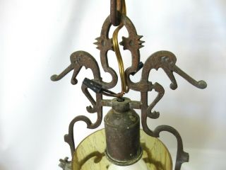 FABULOUS ANTIQUE GOTHIC SPANISH VILLA PENDANT LAMP W/ AMBER GLASS SHADE 5