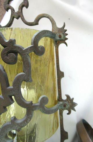 FABULOUS ANTIQUE GOTHIC SPANISH VILLA PENDANT LAMP W/ AMBER GLASS SHADE 6