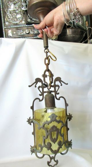 FABULOUS ANTIQUE GOTHIC SPANISH VILLA PENDANT LAMP W/ AMBER GLASS SHADE 7