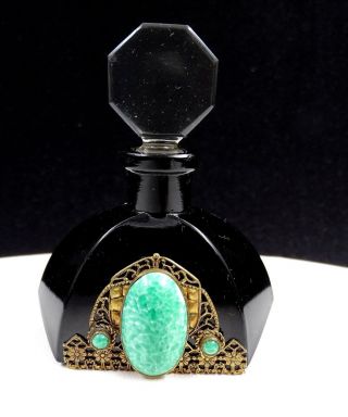 Heinrich Hoffmann Jet Black Crystal Brass Jadeite 3 " Perfume Bottle & Stopper