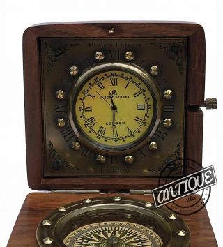 Retro Style Wooden Box Clock With Compass Small Table Top Clocks Vintage