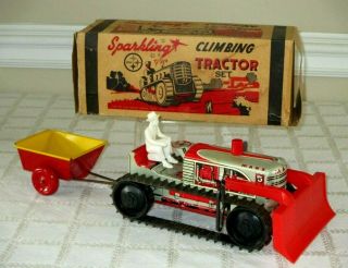Vintage Marx Toys - Sparkling Climbing Tractor Farm Set - W Box - 16 " - Wind - Up Tin Toy
