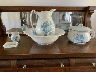 Antique Victorian Basin Pitcher And Wash Bowl 5pc.  Set Knowles,  Taylor & K China