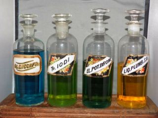 4 Antique Apothecary Bottles Four Medicine Glass Label Colorful Label Druggist