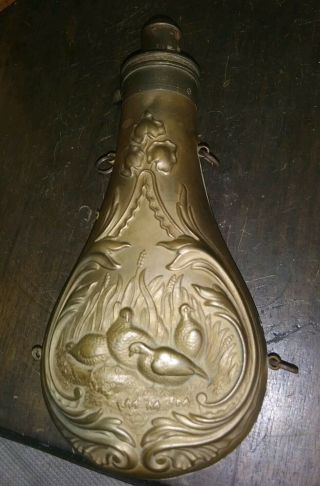 Antique Frary Benham Brass Gun Powder Flask Civil War Era Stunning Dove Scene