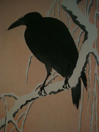 Rare Ohara Koson Shoson Japanese Color Woodblock Print,  Crow on Branch 3