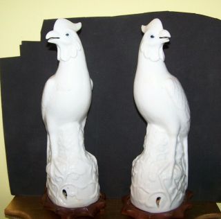 Pair 19th 20th Chinese Qing Blanc De Chine Joss Stick Birds Pheasants Figures