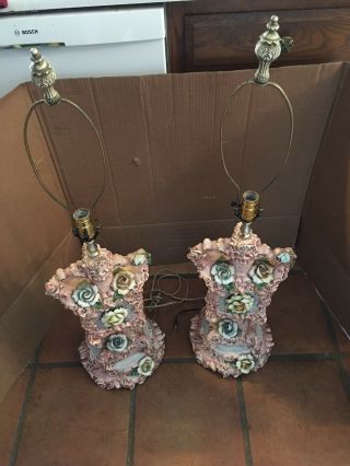 Early 1900s Capodimonte Hand Painted Floral Lamps