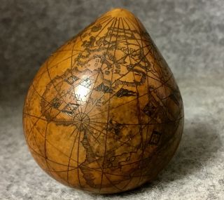 Rare Antique Miniature Scrimshaw World Globe Or Map Engraved On 2 Inch Gourd