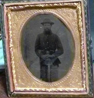 Cased Sixth Plate Tintype Of Armed Civil War Union Cavalryman