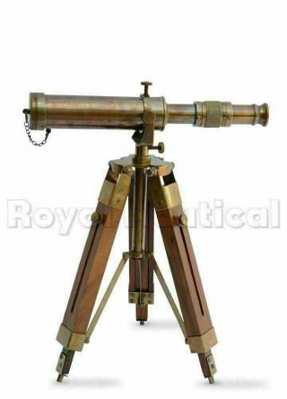 Nautical Vintage Antique Decorative Solid Brass Telescope w/ Wooden Gift Tripod 2