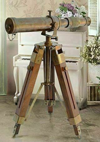 Nautical Vintage Antique Decorative Solid Brass Telescope w/ Wooden Gift Tripod 3