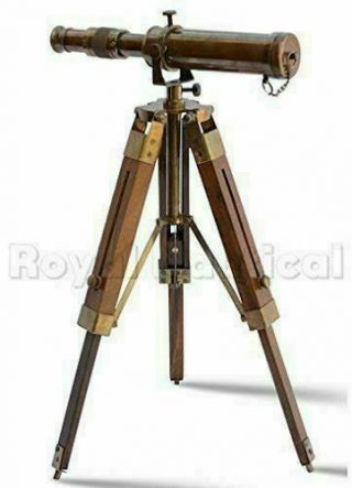 Nautical Vintage Antique Decorative Solid Brass Telescope w/ Wooden Gift Tripod 4