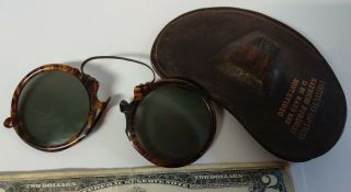Antique Faux Tortoise Shell Small Eye Wear Glasses In Leather Pouch