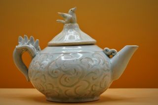 14th Century,  Rare Antique Chinese Incised Boy Qingbai Dragon Handle Teapot Bird
